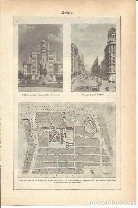 Otros art&iacute;culos de coleccionismo en papel: LAMINA 21210: Monumento a Cervantes, Avenida de Jose Antonio y plano del Parque de Monteleon en Madr