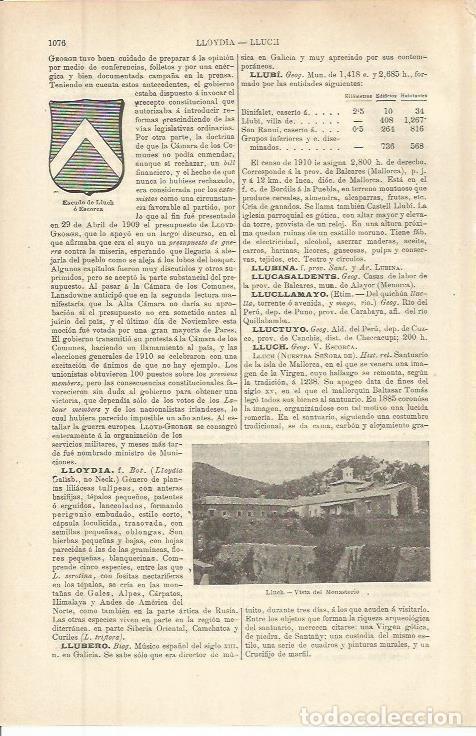 Otros art&iacute;culos de coleccionismo en papel: LAMINA ESPASA 36378: Escudo y monasterio de Lluch, Mallorca - Varios