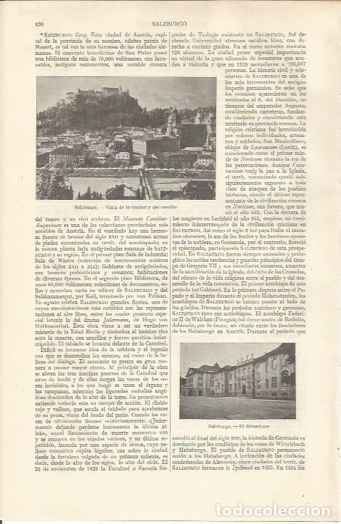 Otros art&iacute;culos de coleccionismo en papel: LAMINA ESPASA 37012: Ciudad y Castillo de Salzburgo, Austria - Varios