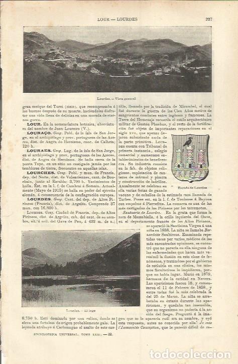 Otros art&iacute;culos de coleccionismo en papel: LAMINA ESPASA 37195: Vista y escudo de Lourdes - Varios