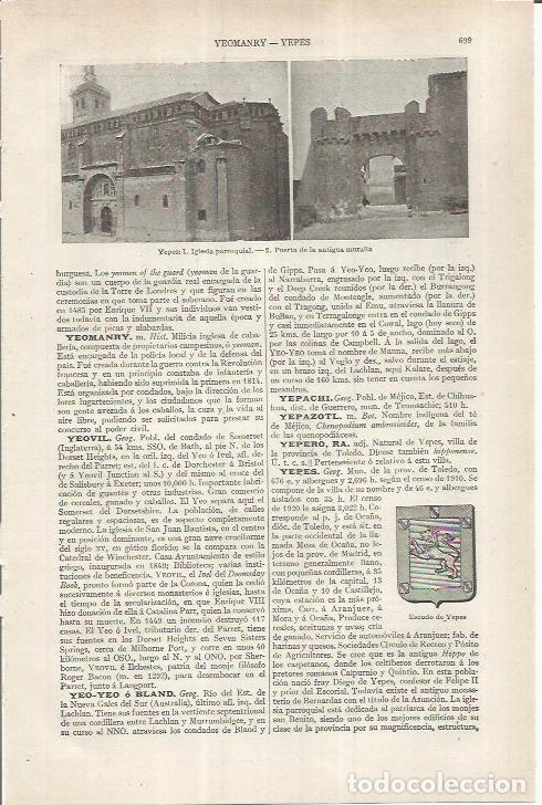 Otros art&iacute;culos de coleccionismo en papel: LAMINA ESPASA 36888: Iglesia, muralla y escudo de Yepes, Toledo - Varios