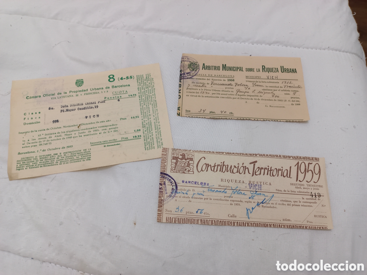 Otros Art&iacute;culos de Coleccionismo en Papel: Cuota camara oficial 1955 / contribucion territorial 1959 / arbitrio municipal 1956 VICH / VIC