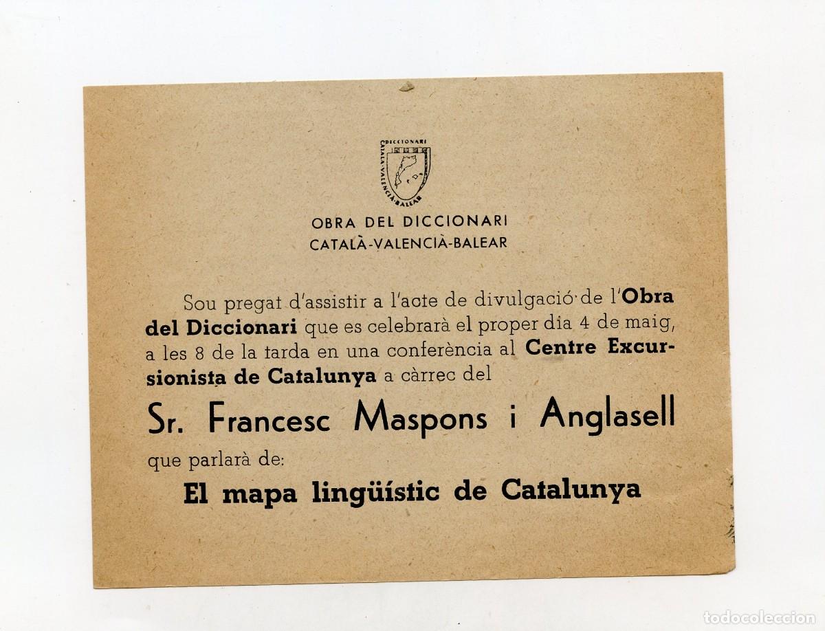 Otros Art&iacute;culos de Coleccionismo en Papel: Octaveta/invitaci&oacute; Xerrada Sr. Maspons Anglasell sobre Mapa ling&uuml;istic catal&agrave; (finals anys 50)