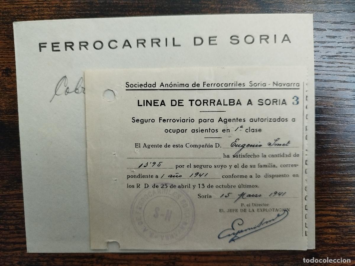 Otros Art&iacute;culos de Coleccionismo en Papel: Seguro ferroviario 1&ordf; clase L&iacute;nea Torralba Soria 1941 + sobre ferrocarril Soria
