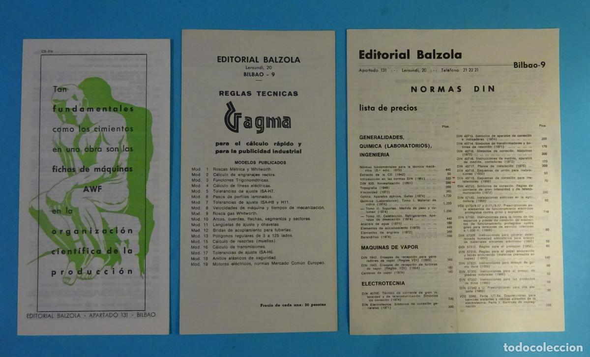 Otros Art&iacute;culos de Coleccionismo en Papel: EDITORIAL BALZOLA. REGLAS T&Eacute;CNICAS. FICHAS DE M&Aacute;QUINAS AWF. NORMAS DIN. LISTAS DE PRECIOS