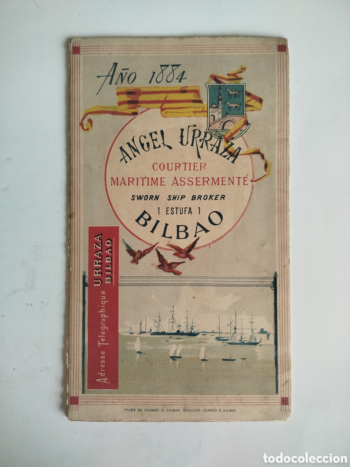 Otros Art&iacute;culos de Coleccionismo en Papel: PUBLICIDAD DEL CORREDOR MAR&Iacute;TIMO ANGEL URRAZA. CALLE ESTUFA 1 BILBAO. 1884. CON CROQUIS DE LA R&Iacute;A.