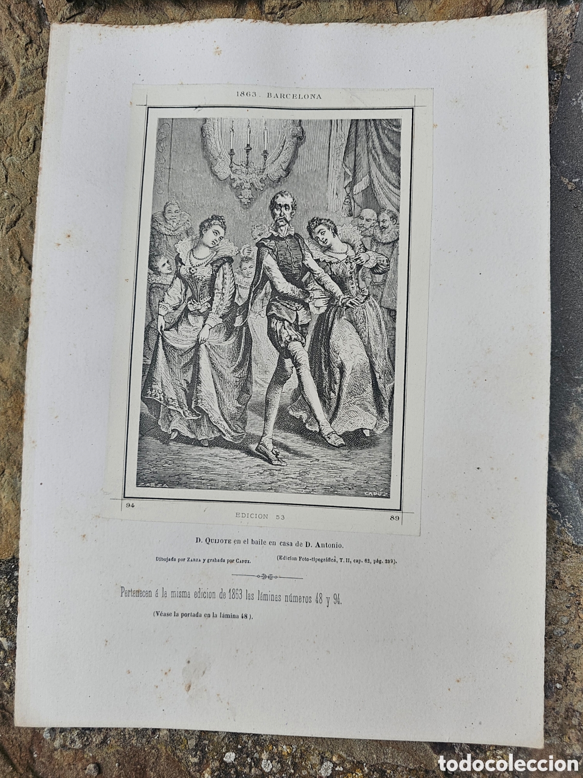 Otros Art&iacute;culos de Coleccionismo en Papel: L&aacute;mina 1863 - Don Quijote en el Baile (Ed. Barcelona) - Grabado Zarza y Capuz