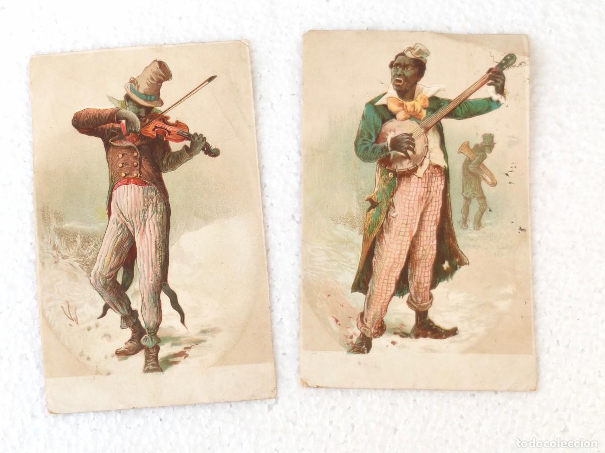 Otros Art&iacute;culos de Coleccionismo en Papel: Pareja de Cromos Antiguos Litogr&aacute;ficos - M&uacute;sicos con Viol&iacute;n y Banjo - c. 1890