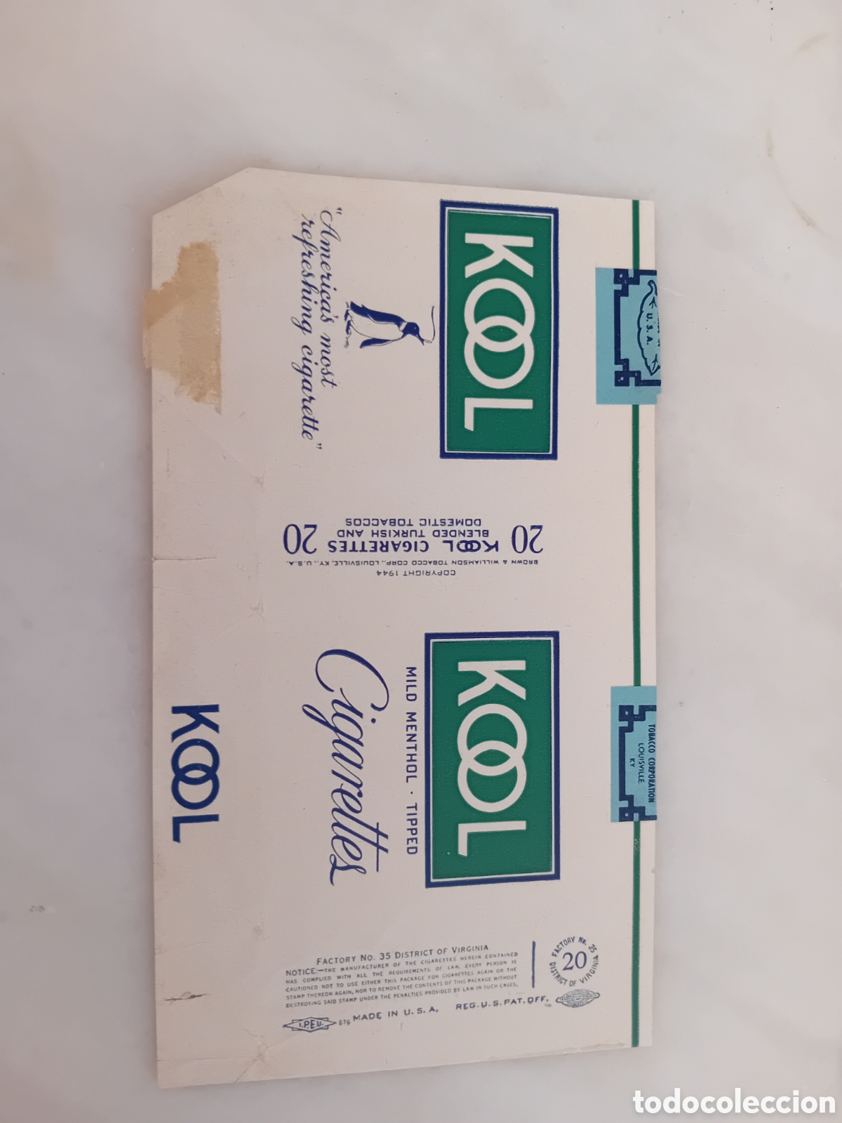 Otros Art&iacute;culos de Coleccionismo en Papel: Antiguo Paquete de Tabaco KOOL. A&ntilde;o 1930-40s.