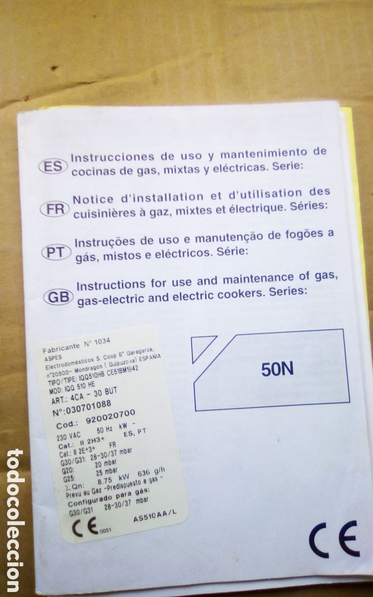 Otros Art&iacute;culos de Coleccionismo en Papel: Manual de uso y mantenimiento cocina a gas Aspes. Modelo: IQQ 510 HE. A&ntilde;o 1999.