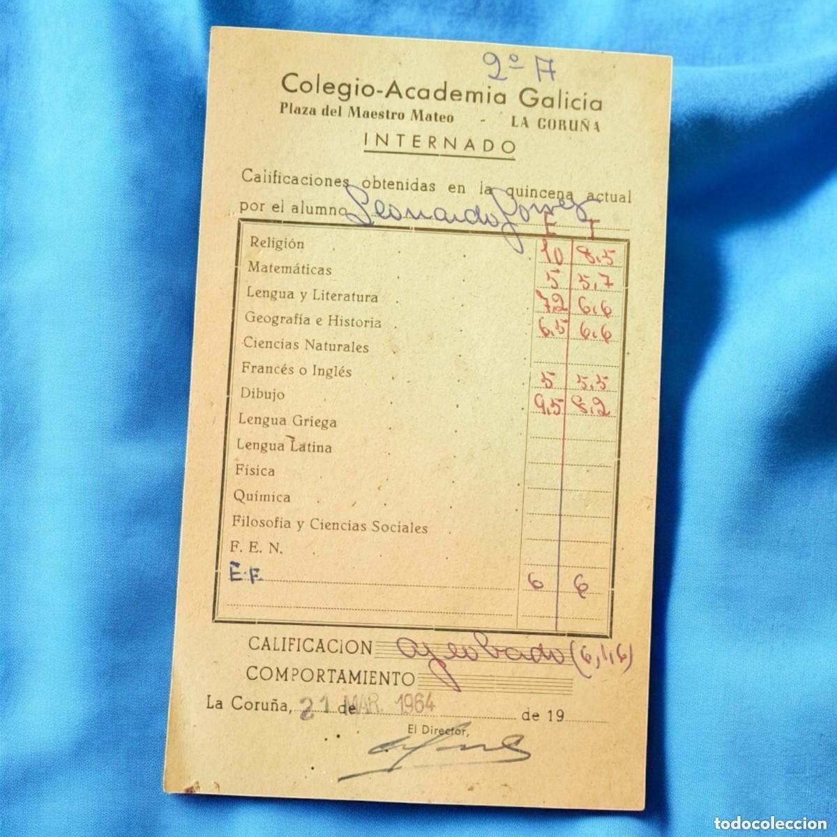Otros Art&iacute;culos de Coleccionismo en Papel: Bolet&iacute;n Escolar 1964 Colegio-Academia Galicia &ndash; Calificaciones Originales La Coru&ntilde;a