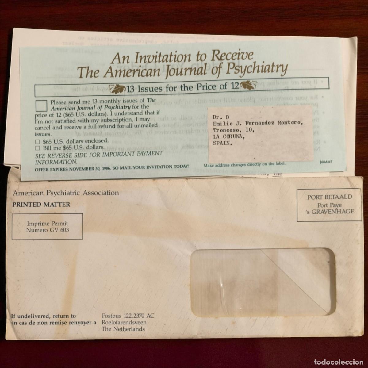 Otros Art&iacute;culos de Coleccionismo en Papel: Carta Original De Suscripci&oacute;n Al American Journal Of Psychiatry &ndash; A&ntilde;o 1986