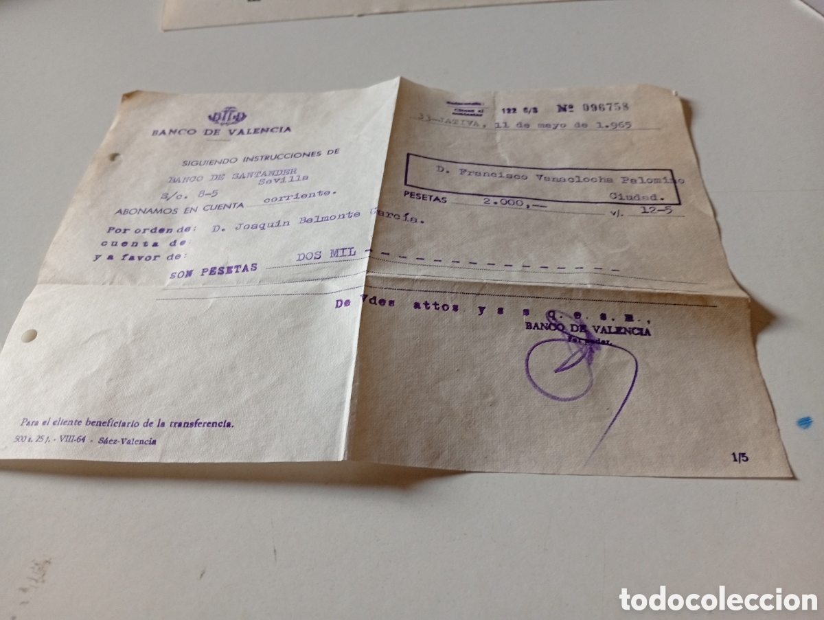Otros Art&iacute;culos de Coleccionismo en Papel: Hoja Banco de Valencia, J&aacute;tiva 1965 abono