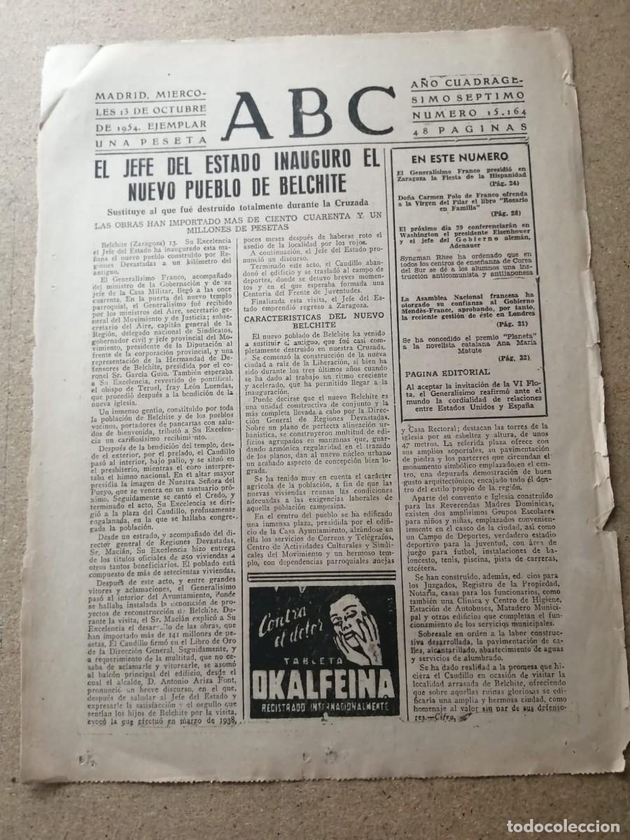 Otros Art&iacute;culos de Coleccionismo en Papel: ARTICULO PRENSA ABC 1954. EL JEFE DEL ESTADO INAUGURO EL NUEVO PUEBLO DE BELCHITE
