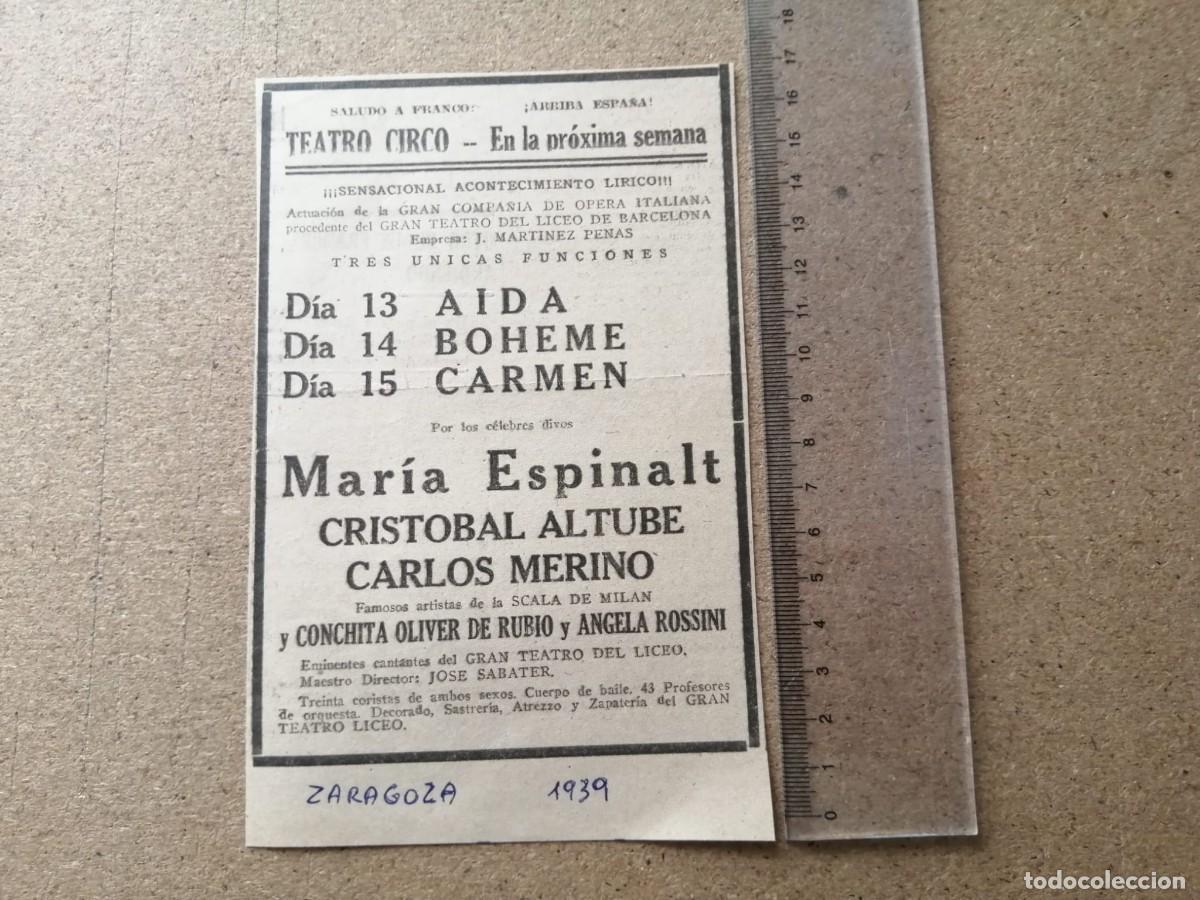 Otros Art&iacute;culos de Coleccionismo en Papel: RECORTE PRENSA 1939. OPERA EN ZARAGOZA, TEATRO CIRCO. AIDA - LA BOHEME - CARMEN, POR MARIA ESPINALT