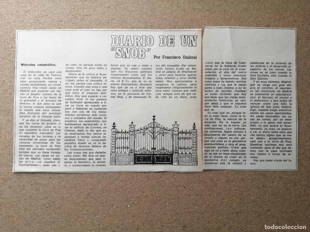Otros Art&iacute;culos de Coleccionismo en Papel: ARTICULO FRANCISCO UMBRAL. DIARIO DE UN SNOB (MIERCOLES CATASTROFICO)