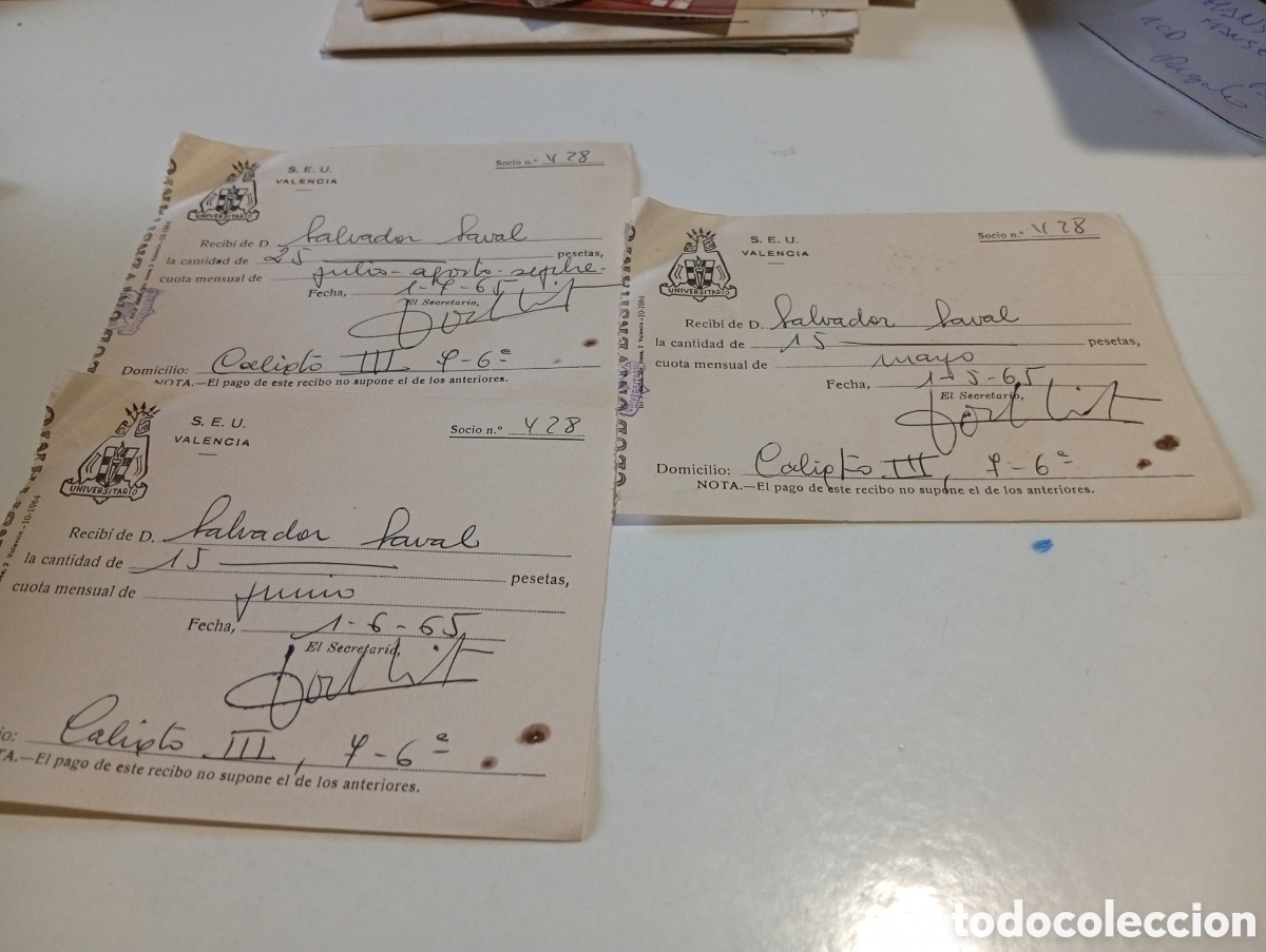Otros Art&iacute;culos de Coleccionismo en Papel: Recibos club universitario Salvador Saval,S E.U. Valencia