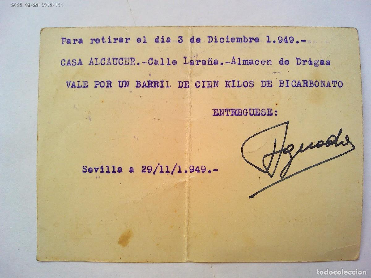 Otros Art&iacute;culos de Coleccionismo en Papel: TRANSPORTES DE MERCANCIAS HIJO DE JULIO AGUADO : VALE POR UN BARRIL DE BICARBONATO. SEVILLA 1949