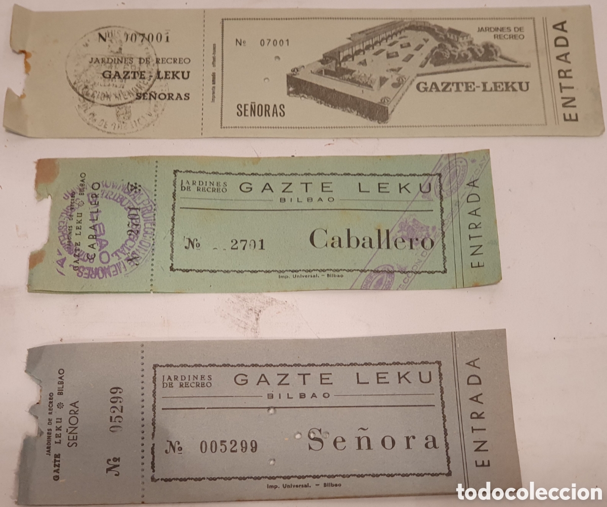Otros Art&iacute;culos de Coleccionismo en Papel: GAZTE LEKU. JARDINES DE RECREO. BILBAO. A&Ntilde;OS 50. 3 ENTRADAS.