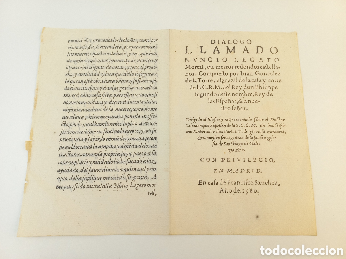 Otros Art&iacute;culos de Coleccionismo en Papel: Pliego con portada Di&aacute;logo Llamado Nuncio Legato. Juan Gonz&aacute;lez de la Torre. Francisco S&aacute;nchez, 1580