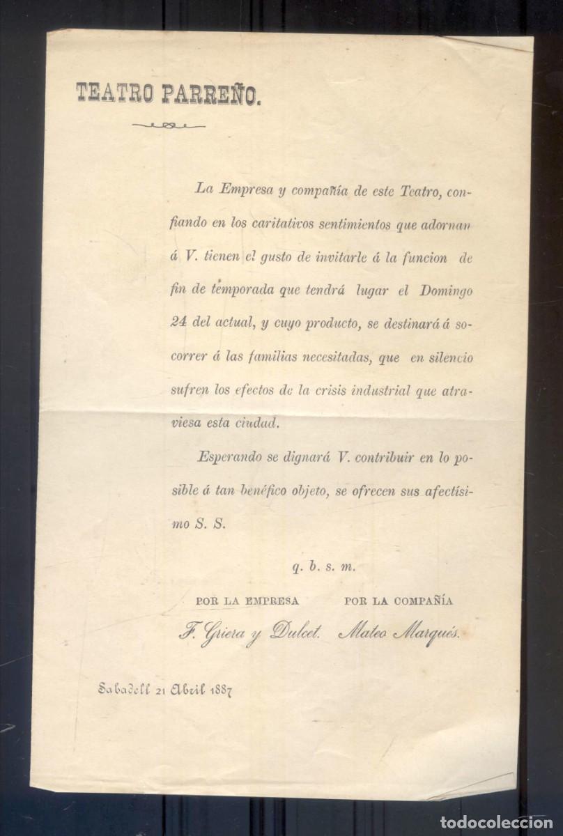Otros Art&iacute;culos de Coleccionismo en Papel: NUMULITE R1 Teatro Parre&ntilde;o invitaci&oacute;n funci&oacute;n solidaria Sabadell 1887