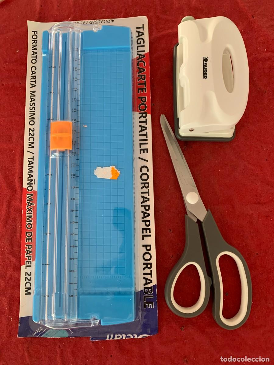 Otros Art&iacute;culos de Coleccionismo en Papel: LOTE CORTAPAPEL PORTABLE, PERFORADORA DE PAPEL Y TIJERA NUEVOS