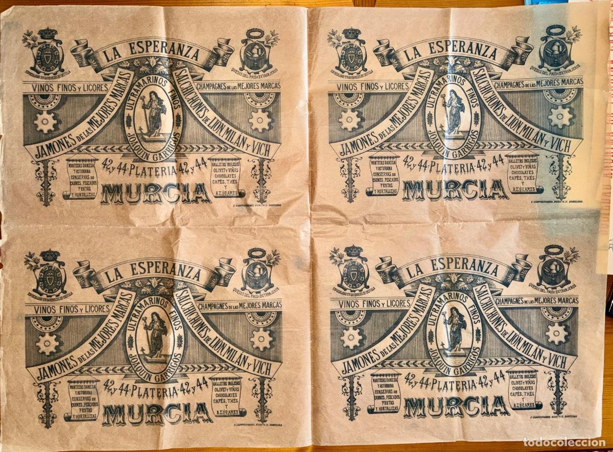 Altri oggetti di carta: MURCIA- PUBLICIDAD- LA ESPERANZA- JOAQUIN GARRIGOS- PLIEGO 4 EJEMPLARES- Ca. 1930