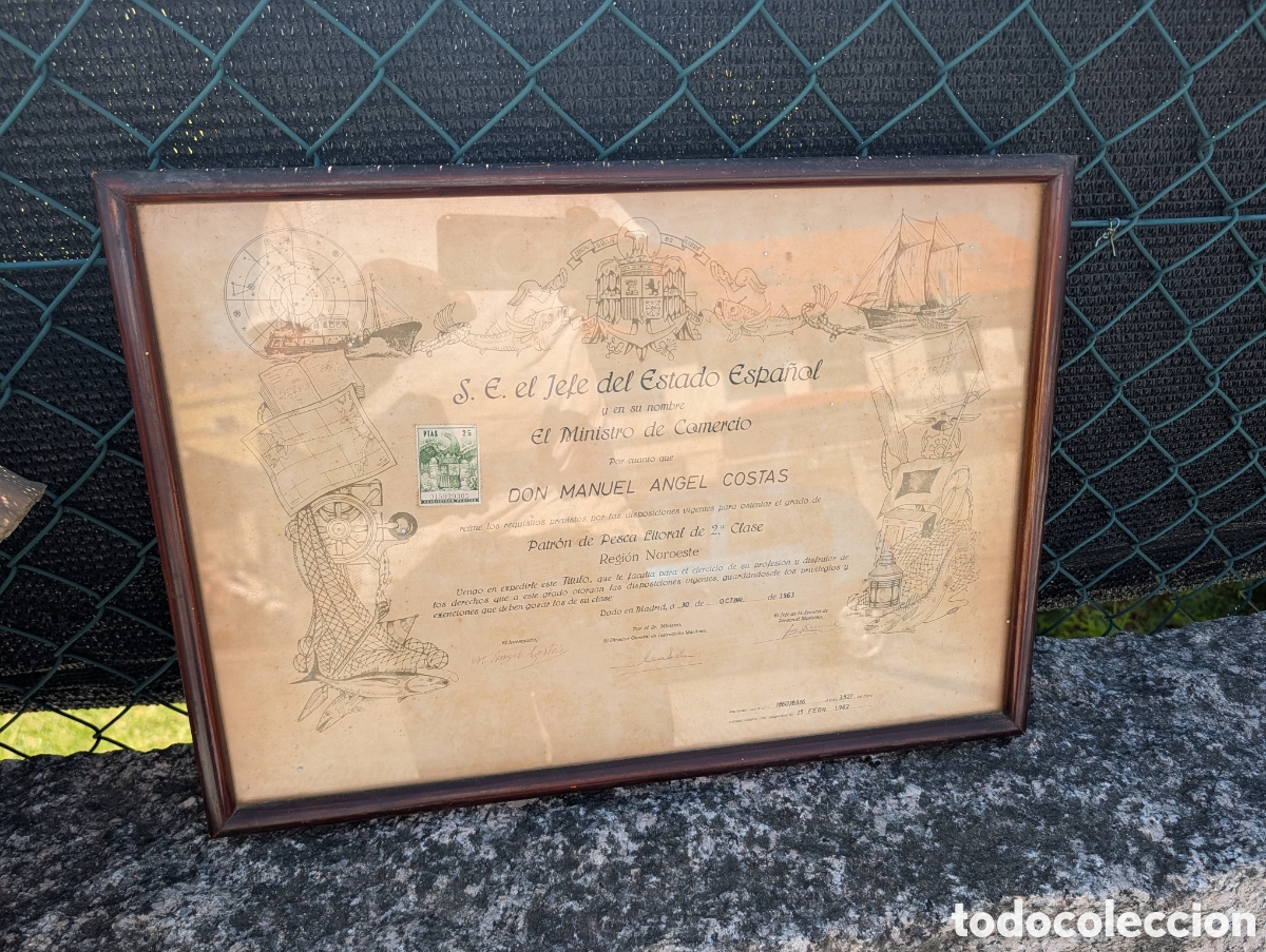Otros Art&iacute;culos de Coleccionismo en Papel: T&iacute;tulo de Patr&oacute;n de Pesca Litoral de 2&ordf; Clase - Manuel &Aacute;ngel Costas - Madrid 1962 - &Eacute;poca Franco