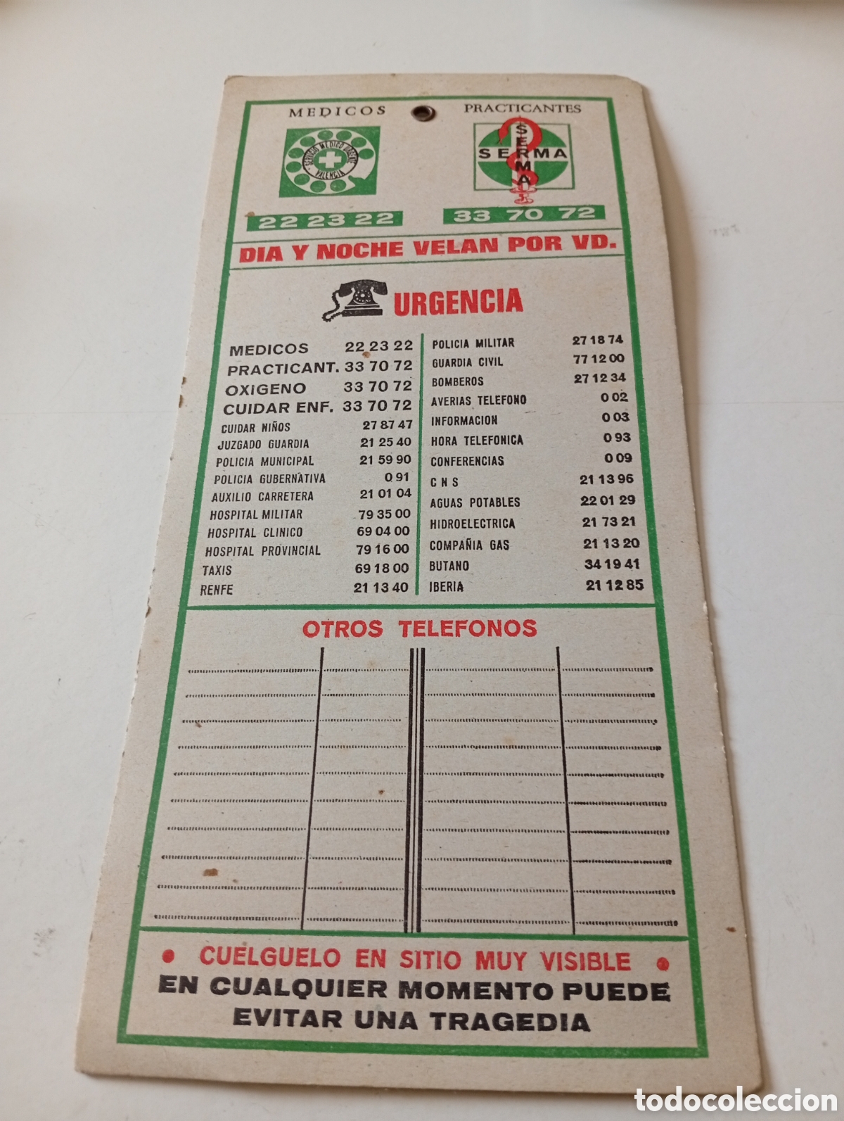 Otros Art&iacute;culos de Coleccionismo en Papel: Cart&oacute;n m&eacute;dicos pr&aacute;cticantes , tel&eacute;fonos de urgencia, Valencia