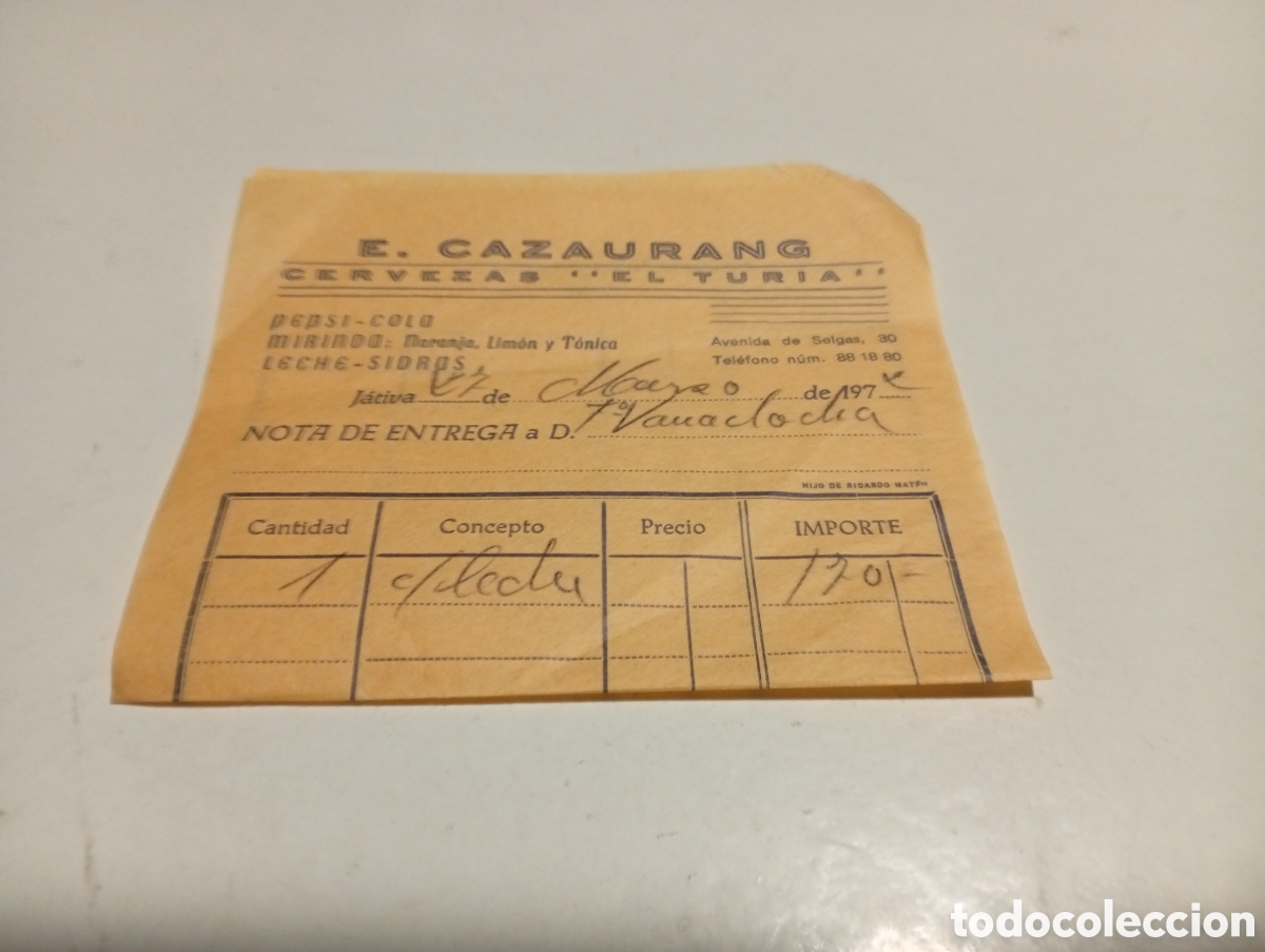 Otros Art&iacute;culos de Coleccionismo en Papel: Papel tiket consumici&oacute;n E.Cazaurang ,cervezas el Turia, J&Aacute;TIVA 1972