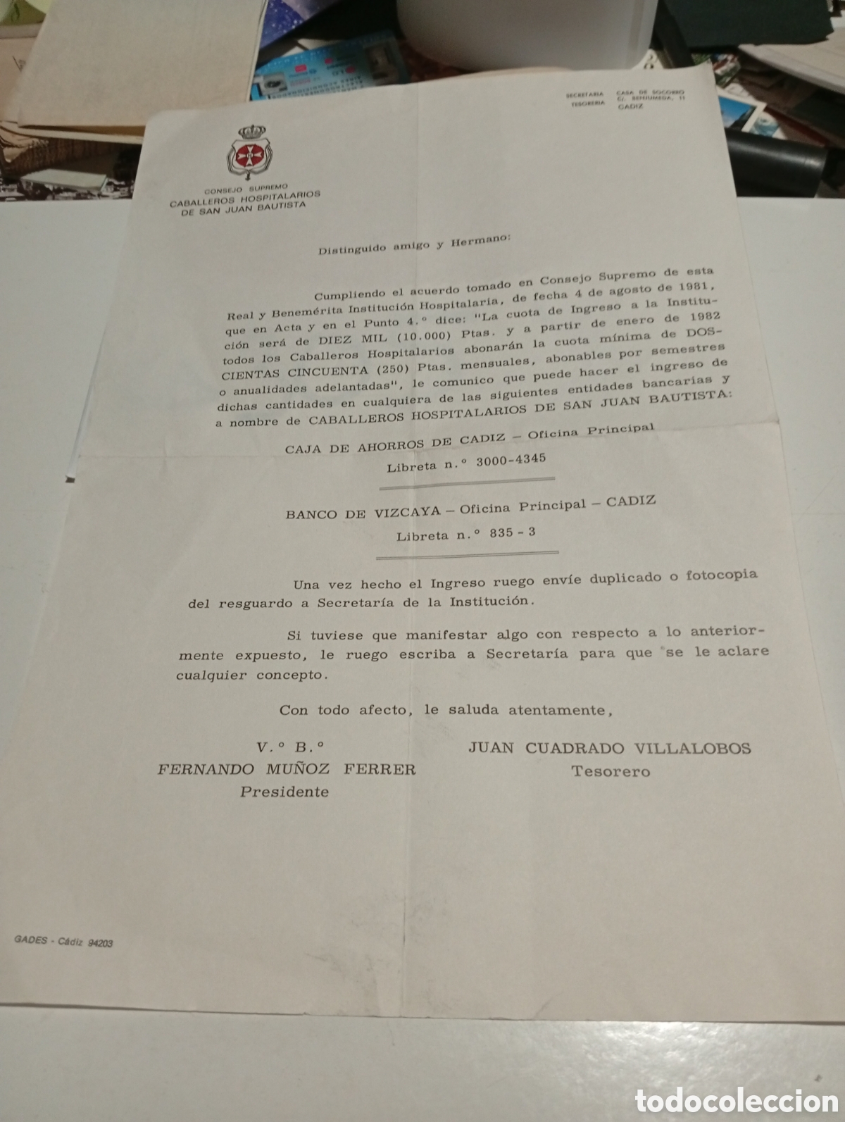 Otros Art&iacute;culos de Coleccionismo en Papel: Consejo supremo Caballeros hospitalarios de San Juan Bautista C&aacute;diz 1981