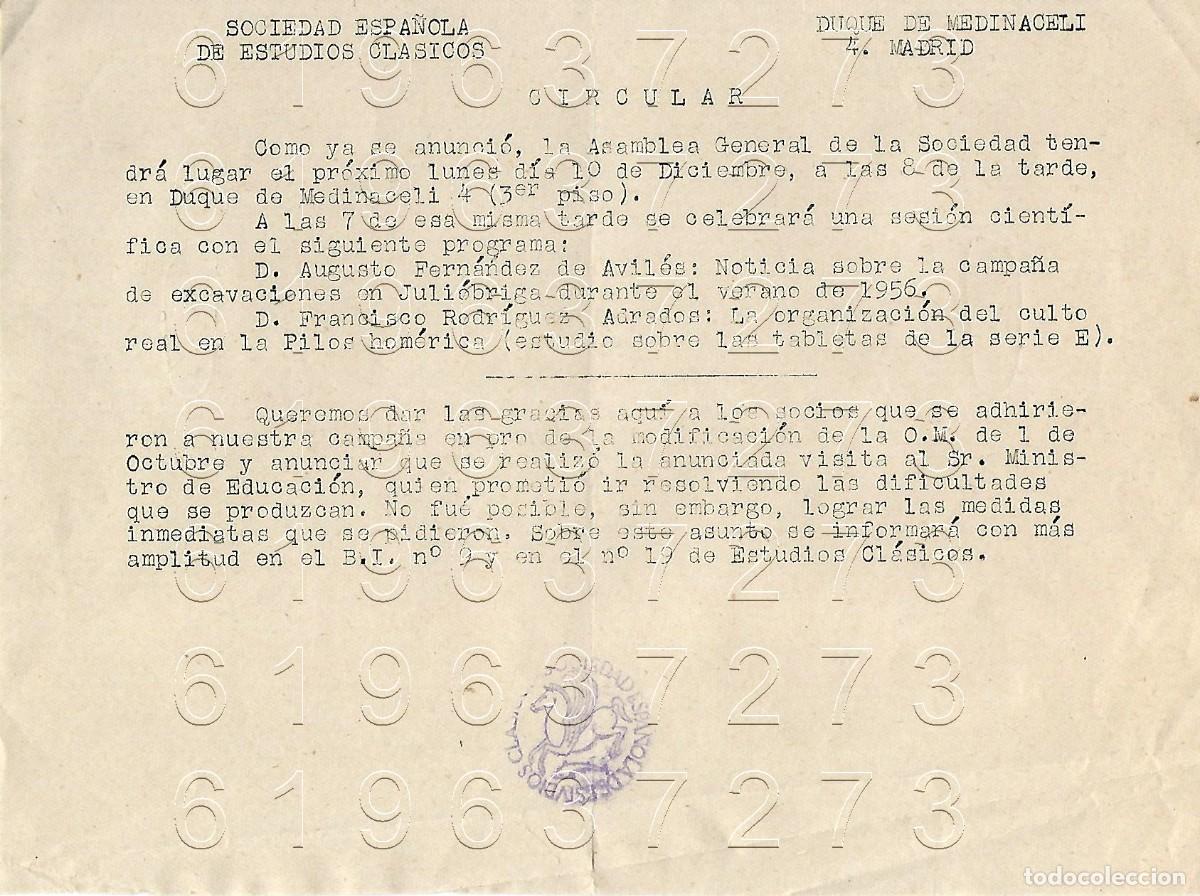 Otros Art&iacute;culos de Coleccionismo en Papel: SOCIEDAD ESPA&Ntilde;OLA DE ESTUDIOS CLASICOS CIRCULAR ARCHIVO VICENTE GARCIA DE DIEGO M11