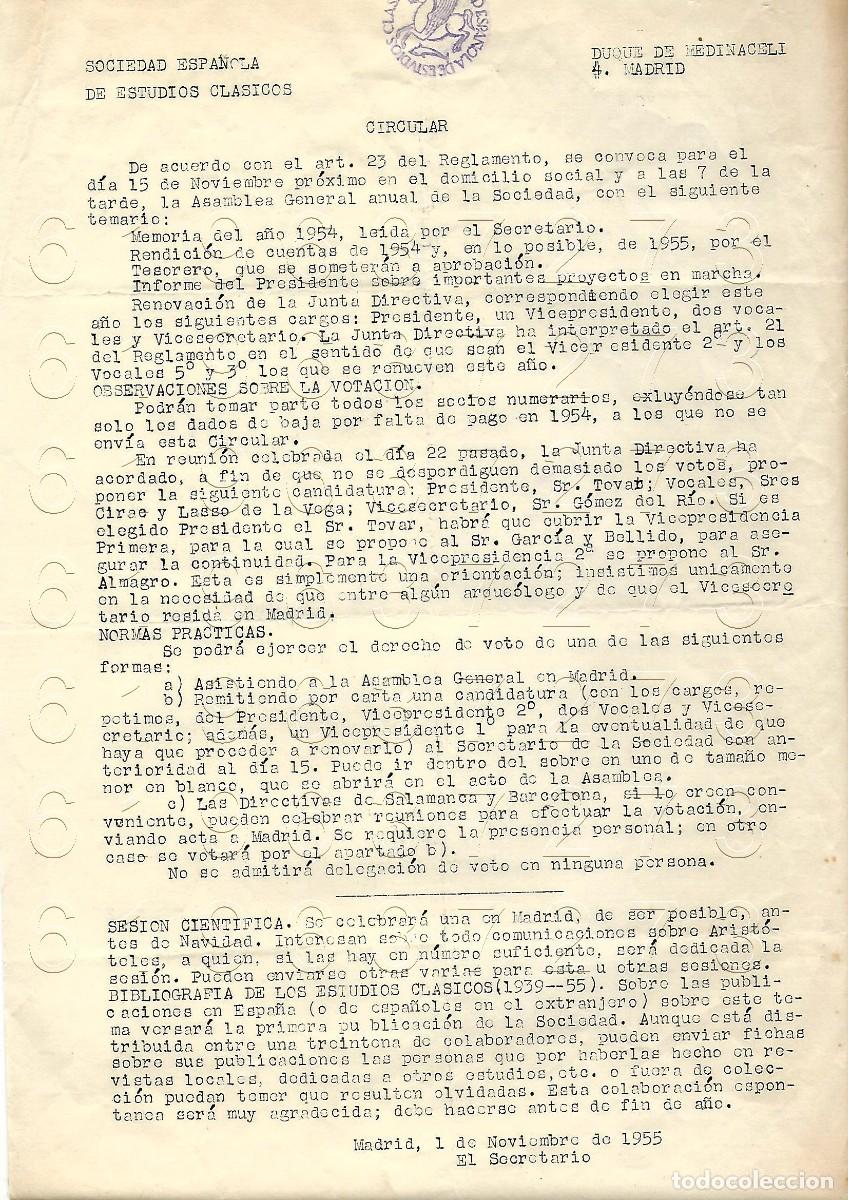 Otros Art&iacute;culos de Coleccionismo en Papel: 1955 SOCIEDAD ESPA&Ntilde;OLA DE ESTUDIOS CLASICOS CIRCULAR ARCHIVO VICENTE GARCIA DE DIEGO M11