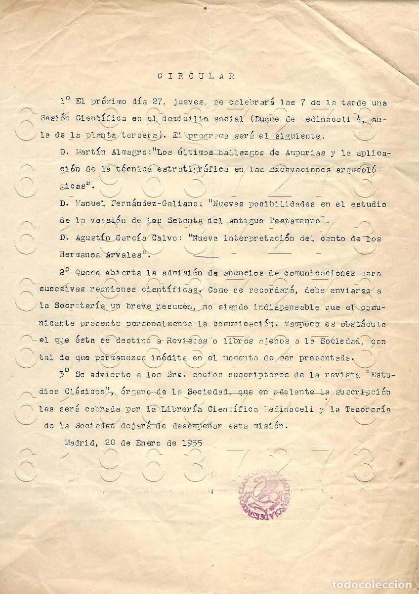 Otros Art&iacute;culos de Coleccionismo en Papel: 1955 SOCIEDAD ESPA&Ntilde;OLA DE ESTUDIOS CLASICOS CIRCULAR ARCHIVO VICENTE GARCIA DE DIEGO M11