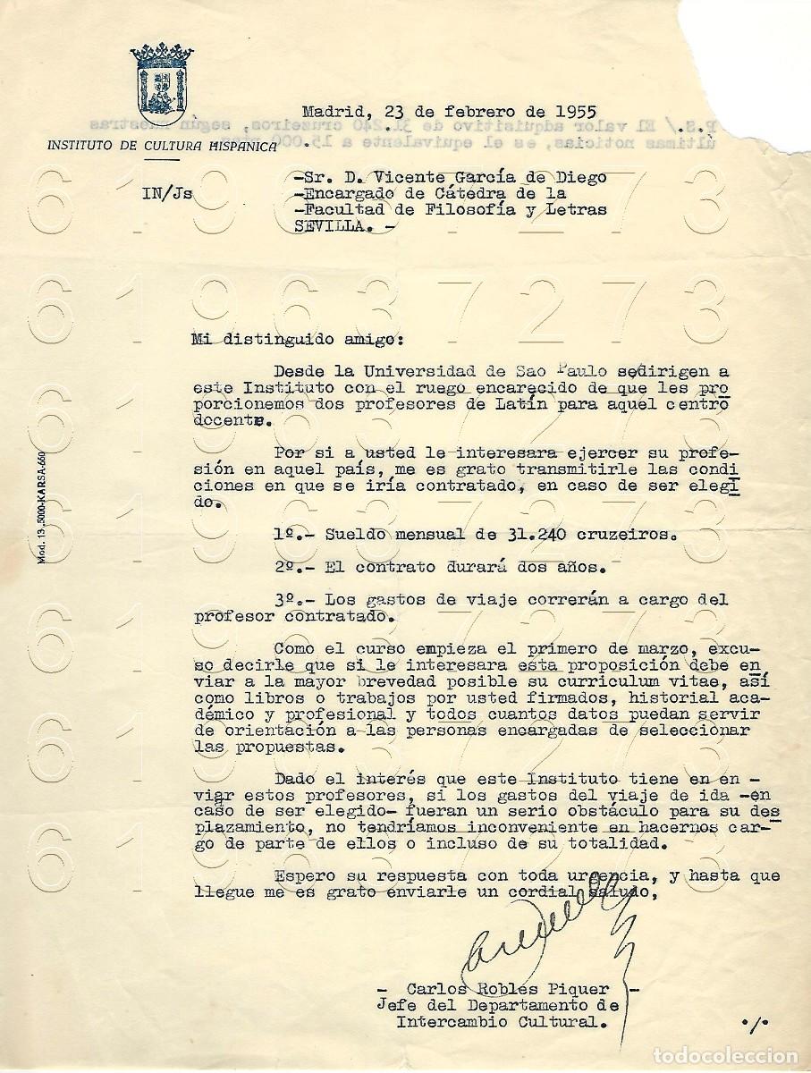 Otros Art&iacute;culos de Coleccionismo en Papel: CARLOS ROBLES PIQUER CARTA INSTITUTO DE CULTURA HISPANICA CARTA M15