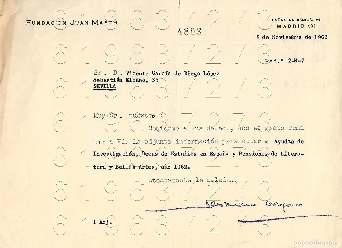 Otros Art&iacute;culos de Coleccionismo en Papel: FUNDACION JUAN MARCH ALEJANDRO BERGAMO 1962 CARTA A VICENTE GARCIA DE DIEGO M15