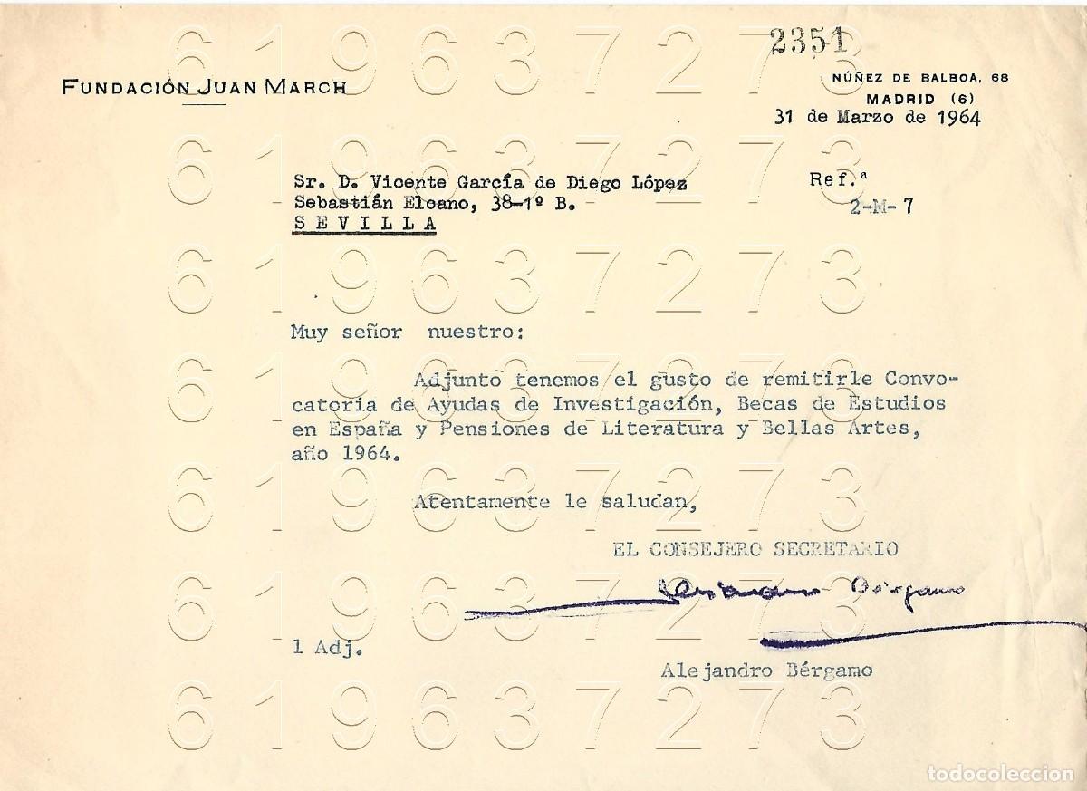 Otros Art&iacute;culos de Coleccionismo en Papel: FUNDACION JUAN MARCH ALEJANDRO BERGAMO 1964 CARTA A VICENTE GARCIA DE DIEGO M15