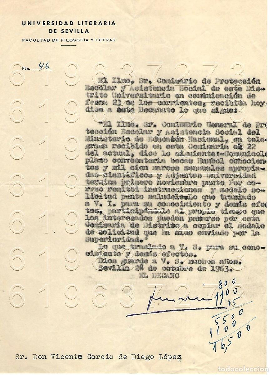 Otros Art&iacute;culos de Coleccionismo en Papel: SEVILLA UNIVERSIDAD LITERARIA DECANO 1963 CARTA A VICENTE GARCIA DE DIEGO M15