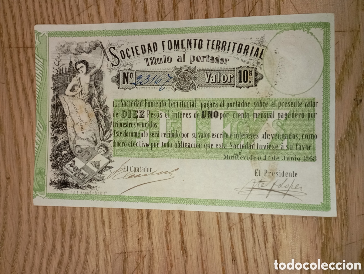 Otros Art&iacute;culos de Coleccionismo en Papel: MONTEVIDEO (URUGUAY) - SOCIEDAD FOMENTO TERRITORIAL - T&Iacute;TULO AL PORTADOR