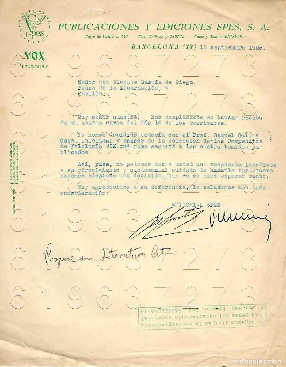 Otros Art&iacute;culos de Coleccionismo en Papel: EDITORIAL SPES BARCELONA CARTA A VICENTE GARCIA DE DIEGO 1953 M13