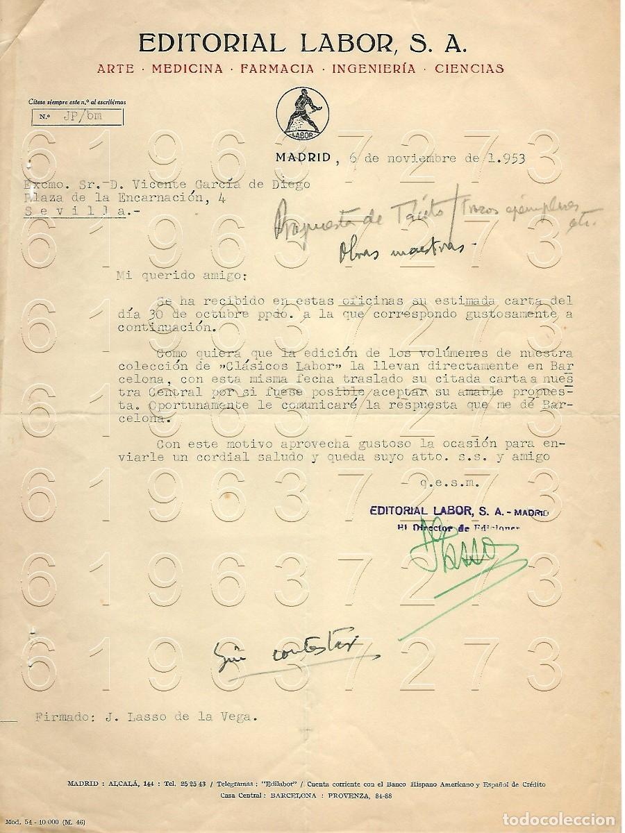 Otros Art&iacute;culos de Coleccionismo en Papel: EDITORIAL LABOR J LASSO DE LA VEGA CARTA A VICENTE GARCIA DE DIEGO 1953 M13