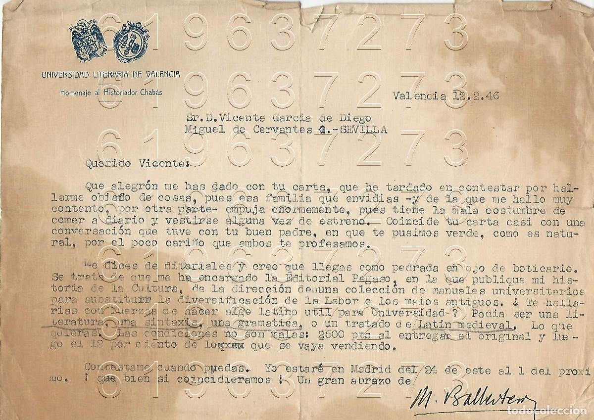 Otros Art&iacute;culos de Coleccionismo en Papel: VALENCIA UNIVERSIDAD BALLESTEROS CARTA A VICENTE GARCIA DE DIEGO 1946 M13