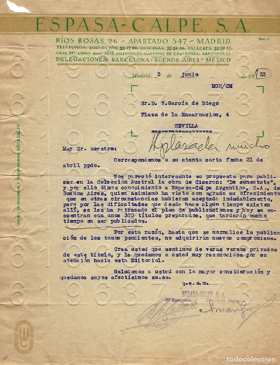 Otros Art&iacute;culos de Coleccionismo en Papel: EDITORIAL ESPASA CARTA A VICENTE GARCIA DE DIEGO 1953 M13