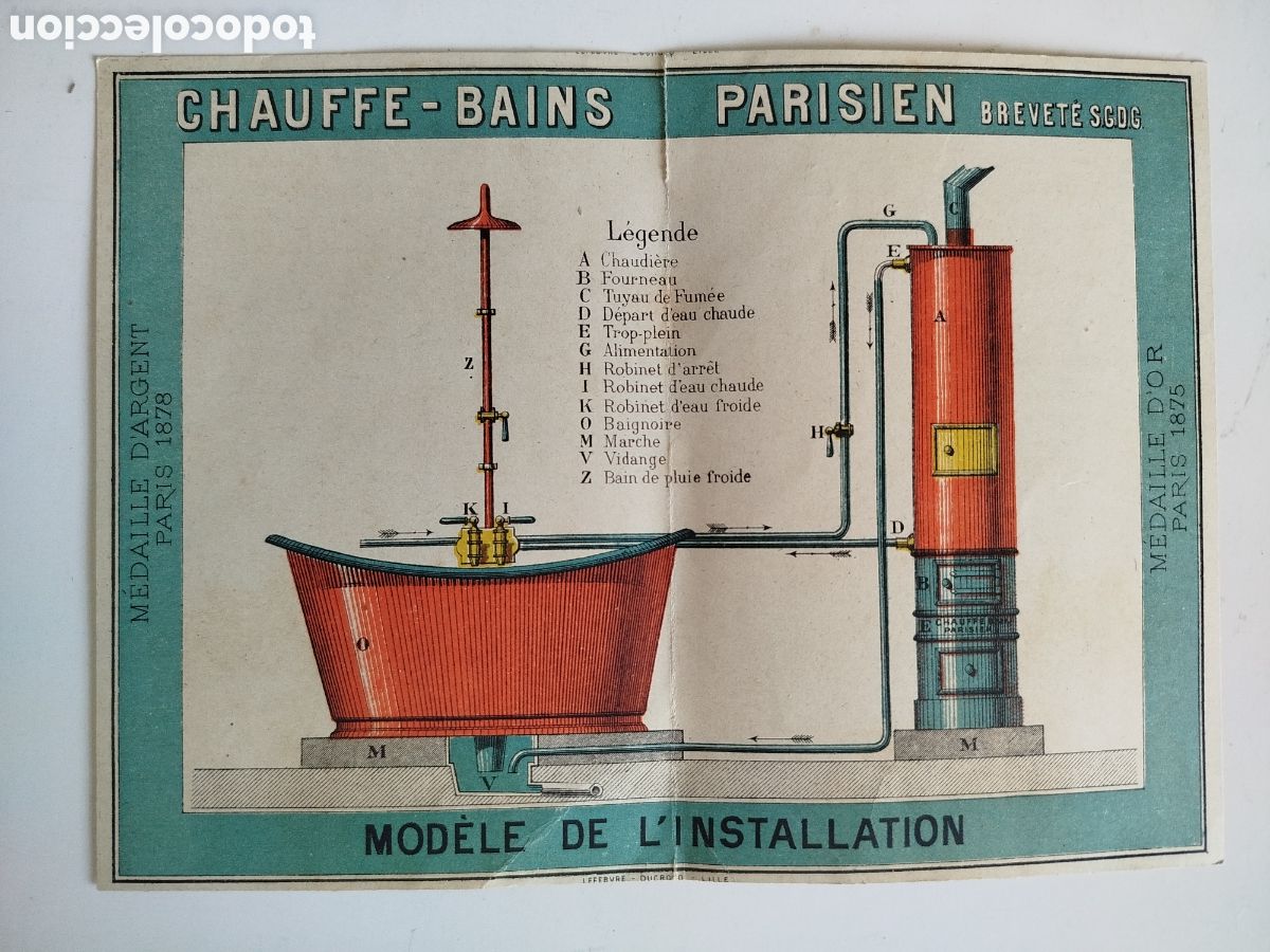 Otros Art&iacute;culos de Coleccionismo en Papel: CHAUFFE BAINS PARISIEN. PUBLICIDAD CON MODELO DE INSTALACI&Oacute;N DE SISTEMA DE CALENTAR AGUA. 1894.
