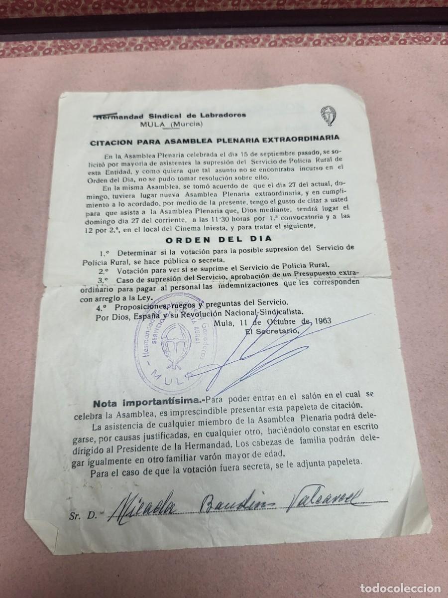 Otros Art&iacute;culos de Coleccionismo en Papel: MULA MURCIA CITACION ASAMBLEA HERMANDAD SINDICAL DE LABRADORES 1963
