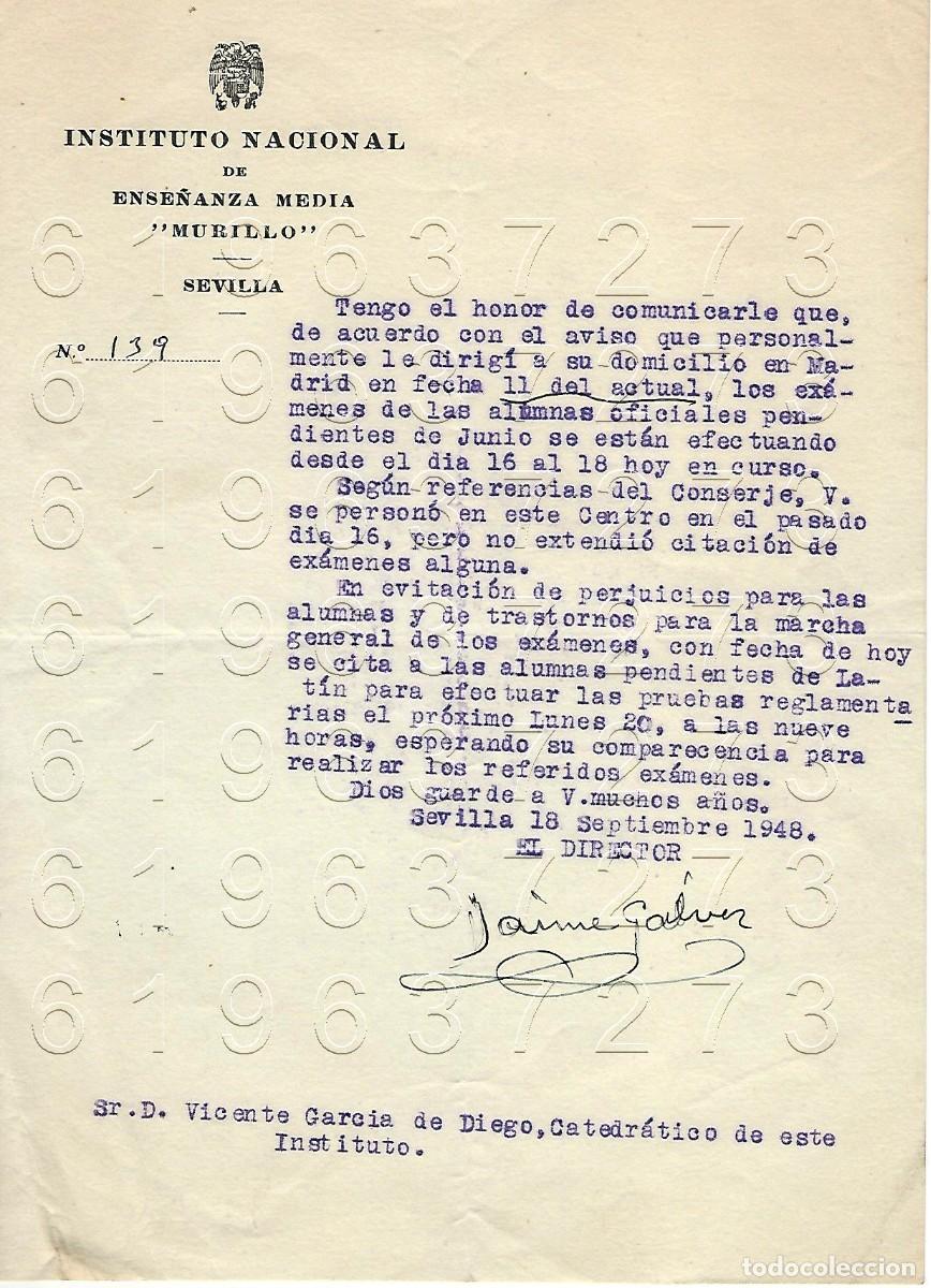 Otros Art&iacute;culos de Coleccionismo en Papel: SEVILLA INSTITUTO MURILLO JAIME GALVEZ CARTA A VICENTE GARCIA DE DIEGO 1954 M12