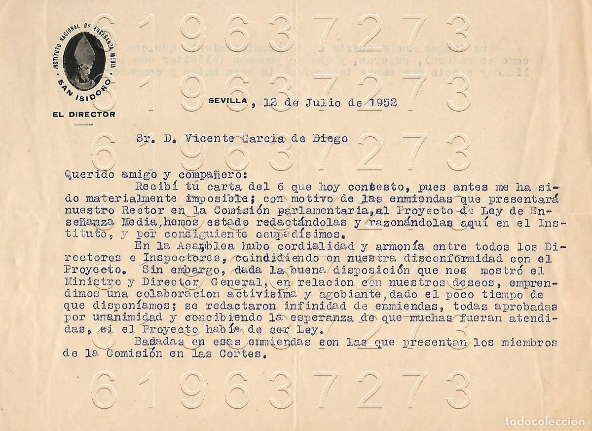Otros Art&iacute;culos de Coleccionismo en Papel: SEVILLA INSTITUTO SAN ISIDORO CARTA A VICENTE GARCIA DE DIEGO 1954 M12