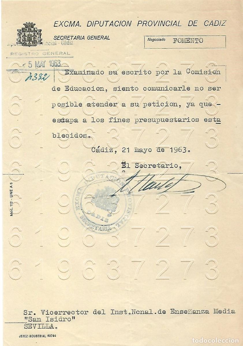 Otros Art&iacute;culos de Coleccionismo en Papel: CADIZ DIPUTACION SEVILLA INSTITUTO SAN ISIDORO CARTA A VICENTE GARCIA DE DIEGO 1963 M12