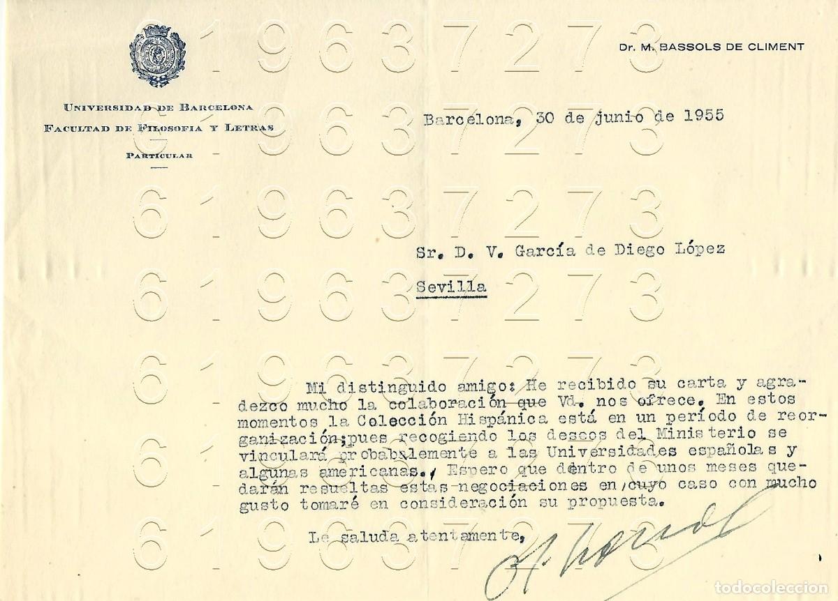 Outros artigos de papel: MARIANO BASSOLS DE CLIMENT CARTA A VICENTE GARCIA DE DIEGO 1955 M12