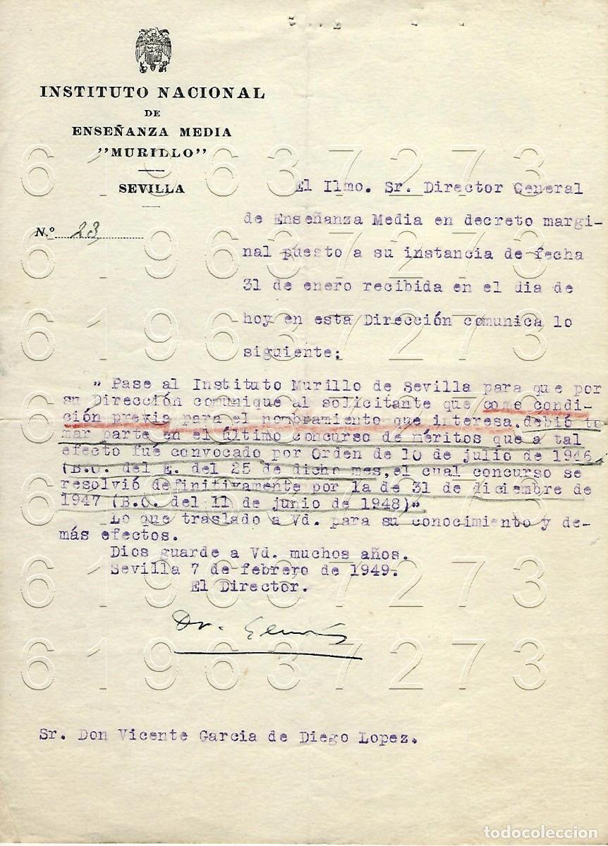 Otros Art&iacute;culos de Coleccionismo en Papel: SEVILLA INSTITUTO MURILLO CARTA A VICENTE GARCIA DE DIEGO 1949 M12